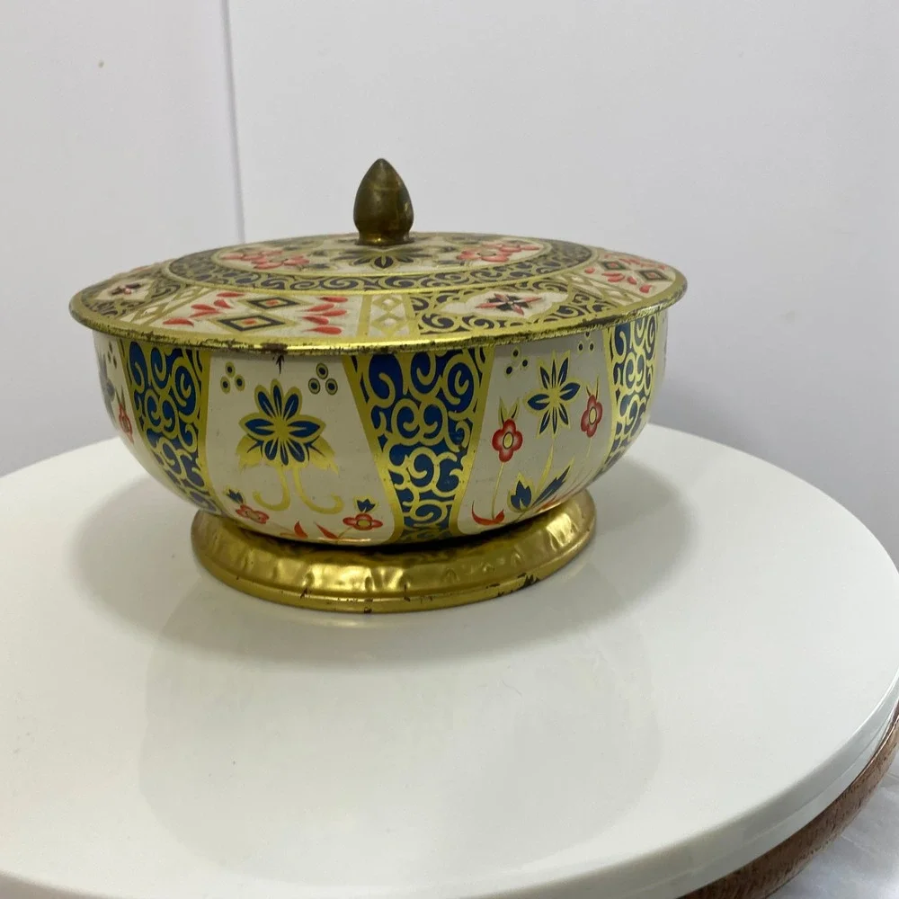Vintage Crown Derby England Footed Biscuit Tin Imari Floral Gold Blue Red 7in